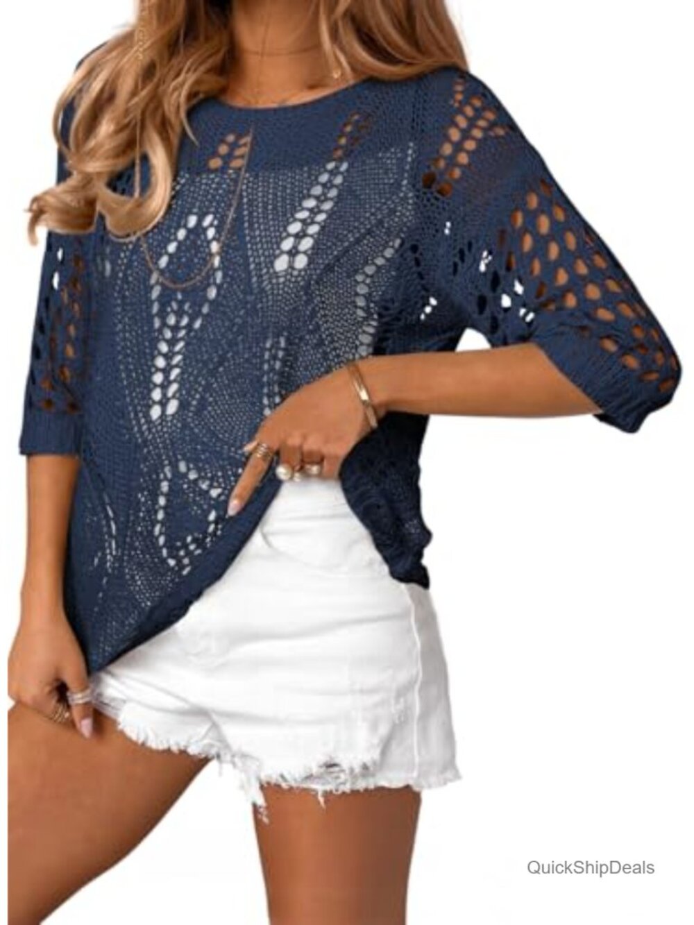 Women's Crochet Hollow Out 3/4 Sleeve Knit Summer Sweater Cover Up